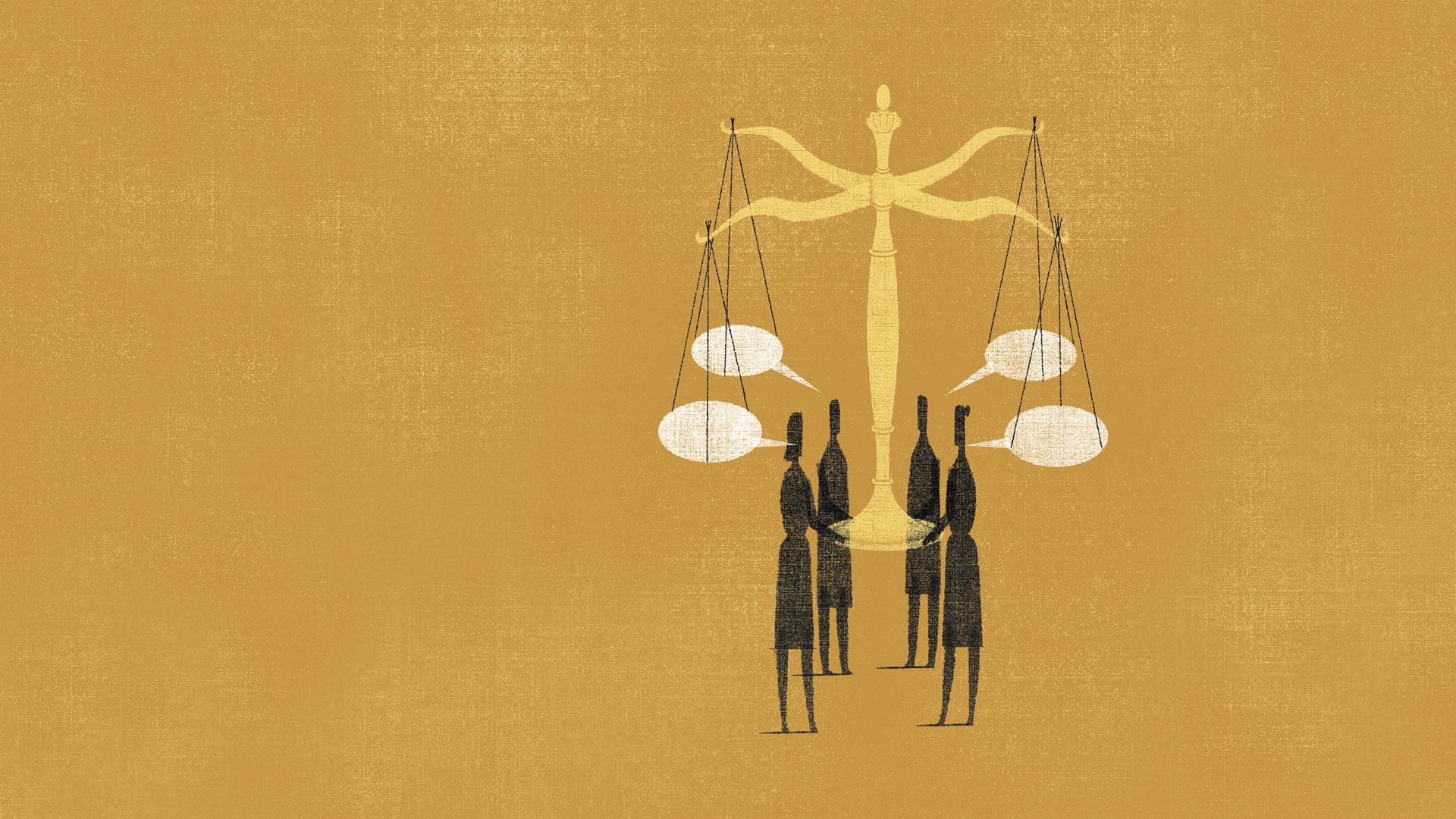 Graphic artwork on a mustard-colored background showing four dark silhouettes holding and balancing the scales of justice