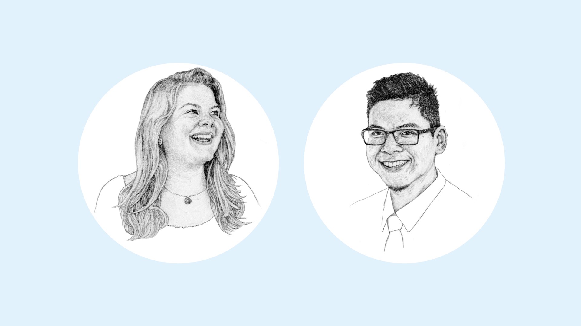 Black and white pencil illustrations of Kathy Kalata, a female Villanova student, and Boratha Tan, a male Villanova alumnus