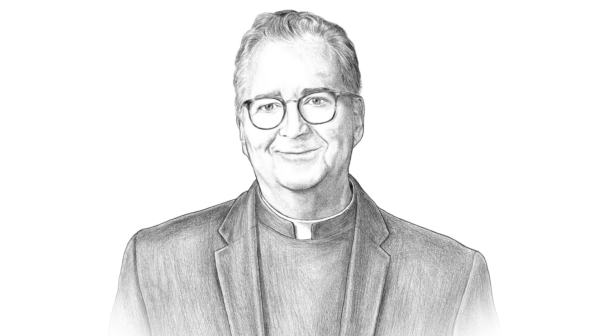 A black and white pencil illustration of Villanova University President the Rev. Peter M. Donohue.