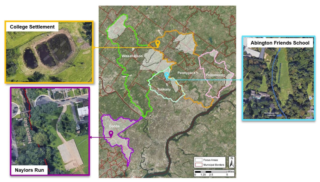 Map showing Villanova University’s three DRWI monitoring locations