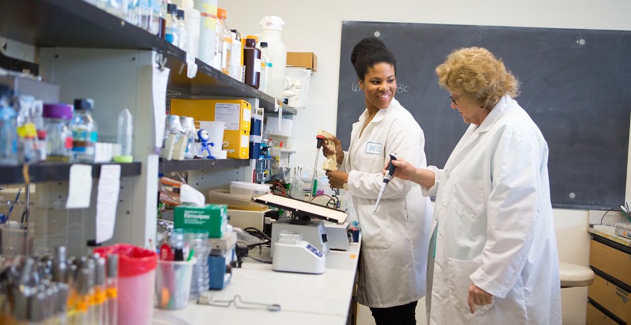 Graduate biology student and faculty conducting biochemistry research in lab