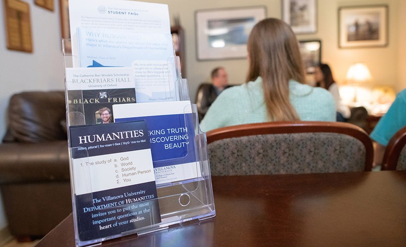 Humanities brochures and materials displayed on a table. Humanities brochures and materials displayed on a table.