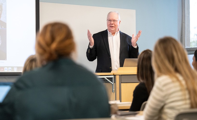 Political Science Professor David Barrett, PhD, teaches a class.