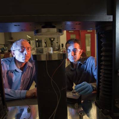 Measuring the elastic modulus using a compression test in the Laboratory for the Mechanics of Materials and Processing.