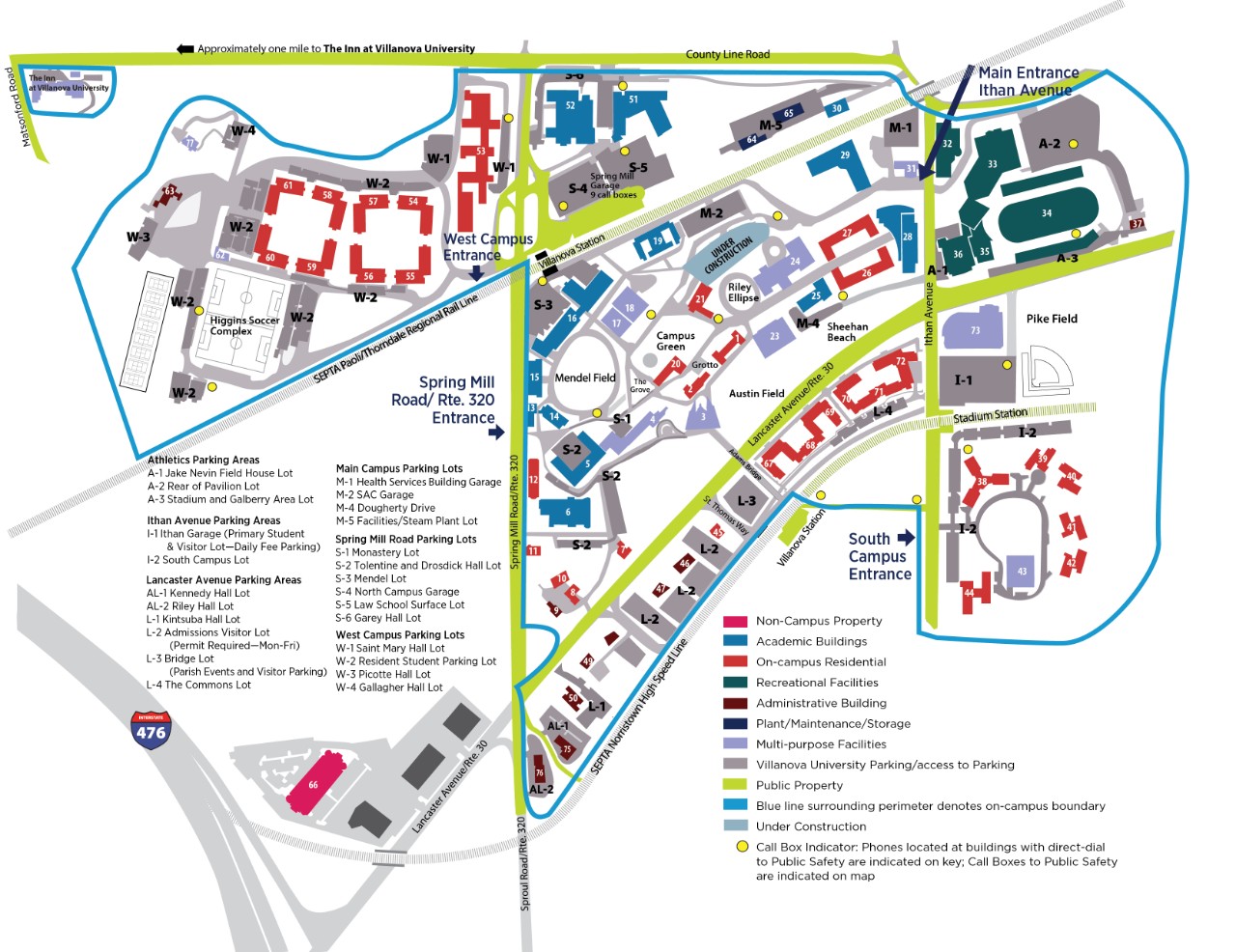 Map of campus with a matching key for buildings and parking lots