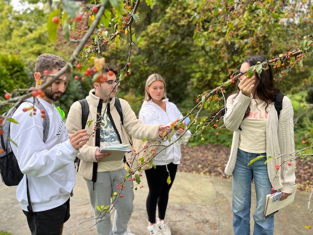 four students with books in hand at stoneleigh garden