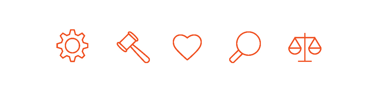 Images of a gear, gavel, magnifying glass, heart and scale of justice icon. 