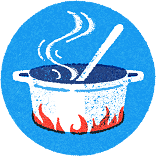 Illustration of a boiling pot on a flame with a spoon inside it.