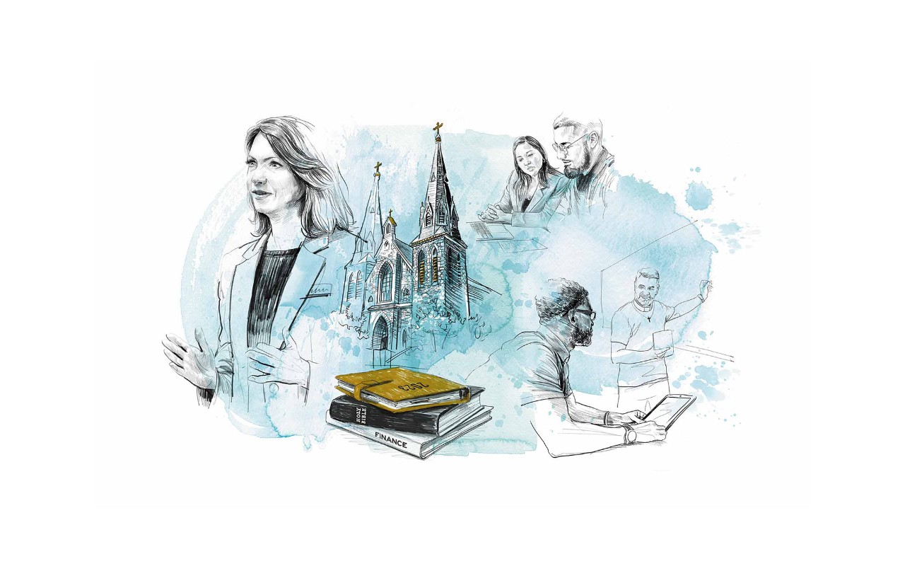 illustration of stewards and scholars in various classroom settings at VSB's Center for Church Management