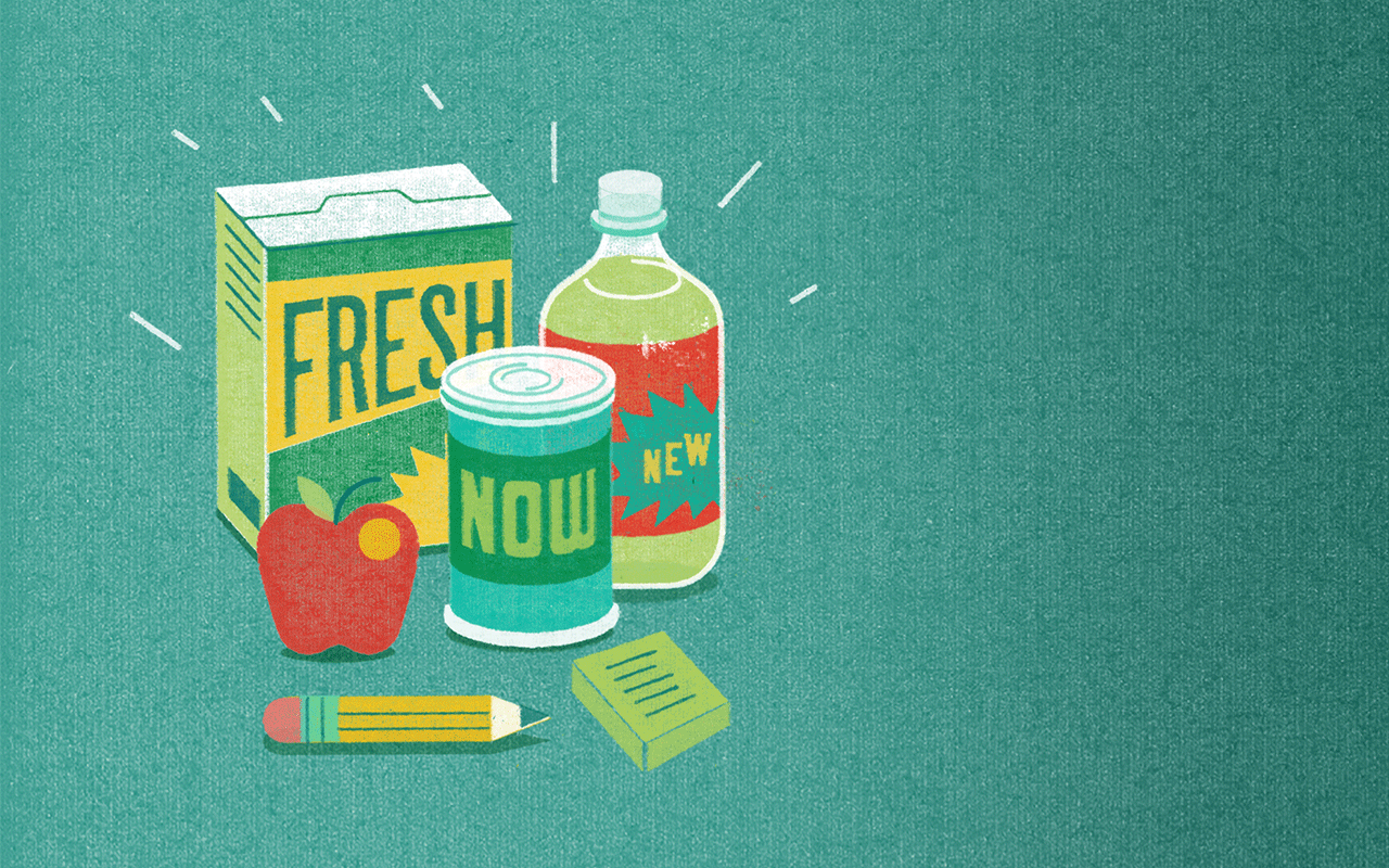 Illustration of a pencil, eraser, apple and three common grocery store items