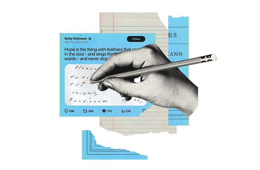 A hand holding a pencil writes in a text box on what appears to be Emily Dickinson’s Twitter account.