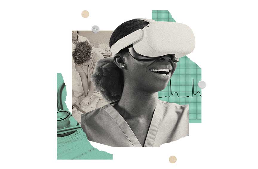 A nurse wearing a virtual reality (VR) headset.
