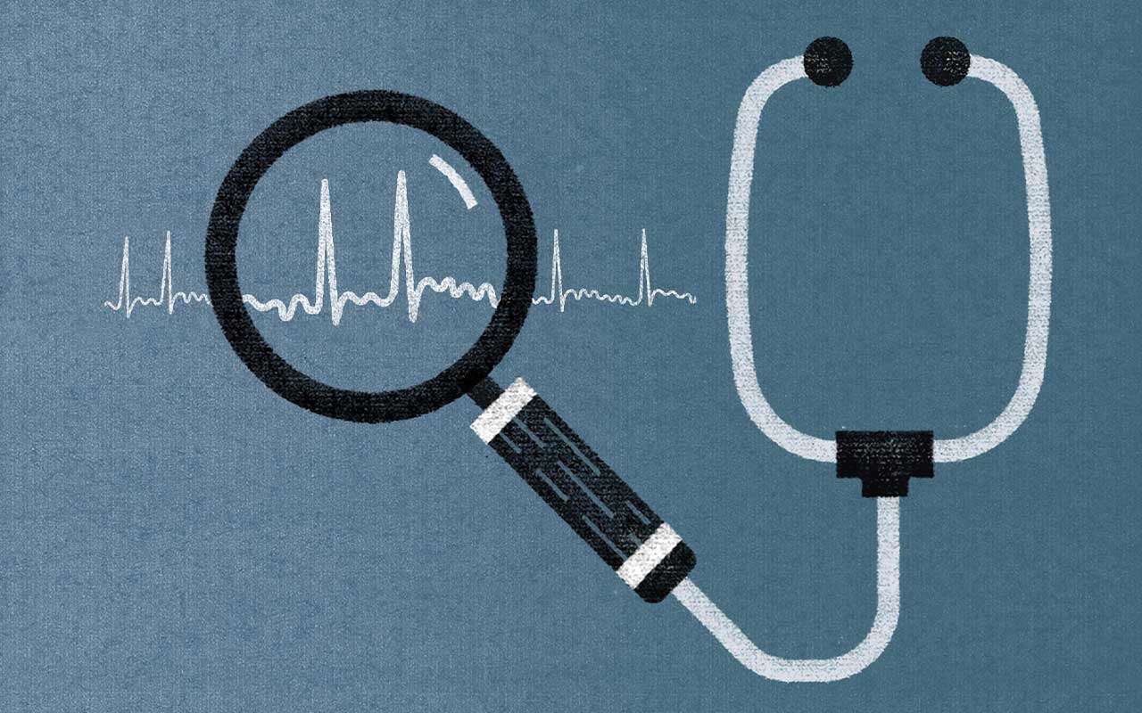 Illustration of a stethoscope with a magnifying glass at the end, examining wavy lines